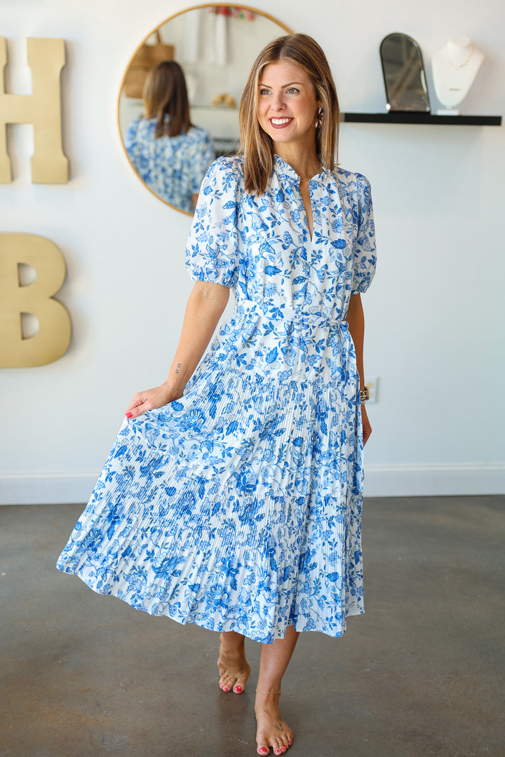 Tie Waist Printed Midi Dress - Blue