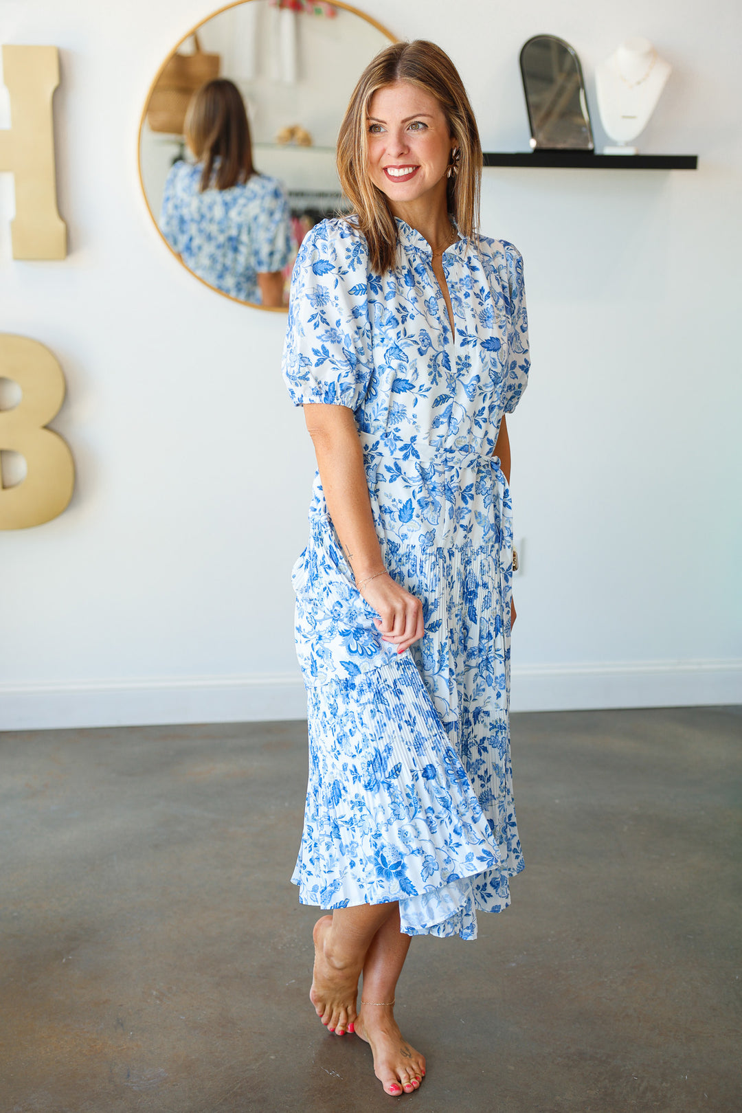 Tie Waist Printed Midi Dress - Blue
