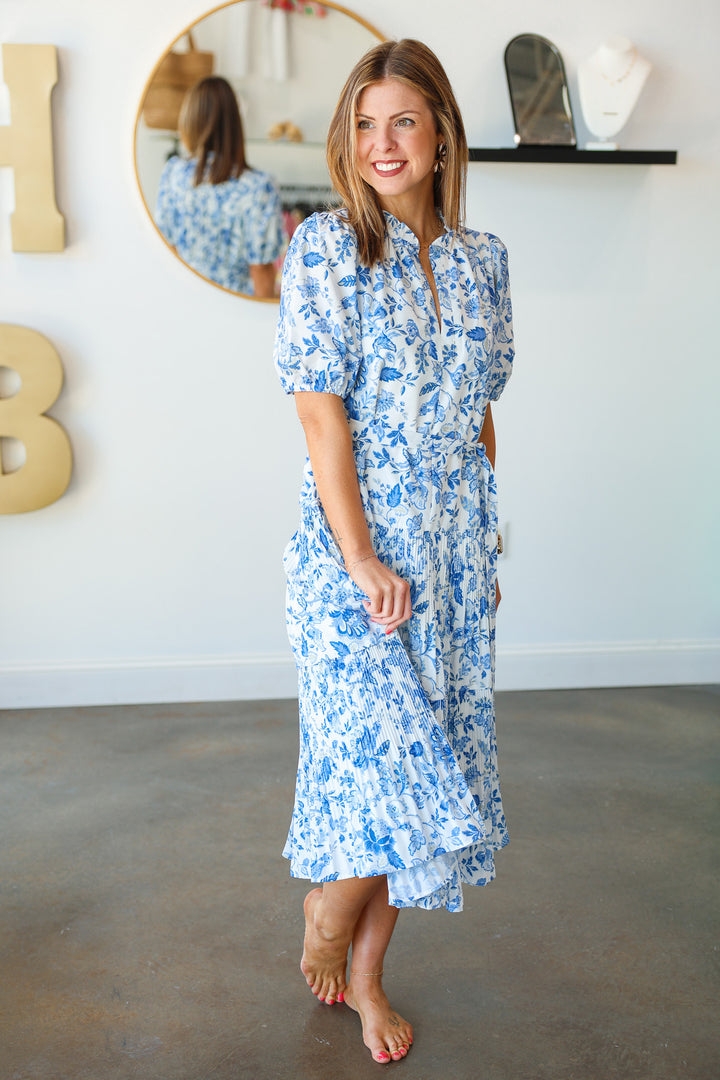 Tie Waist Printed Midi Dress - Blue