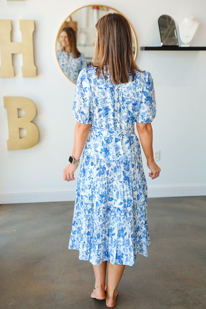 Tie Waist Printed Midi Dress - Blue