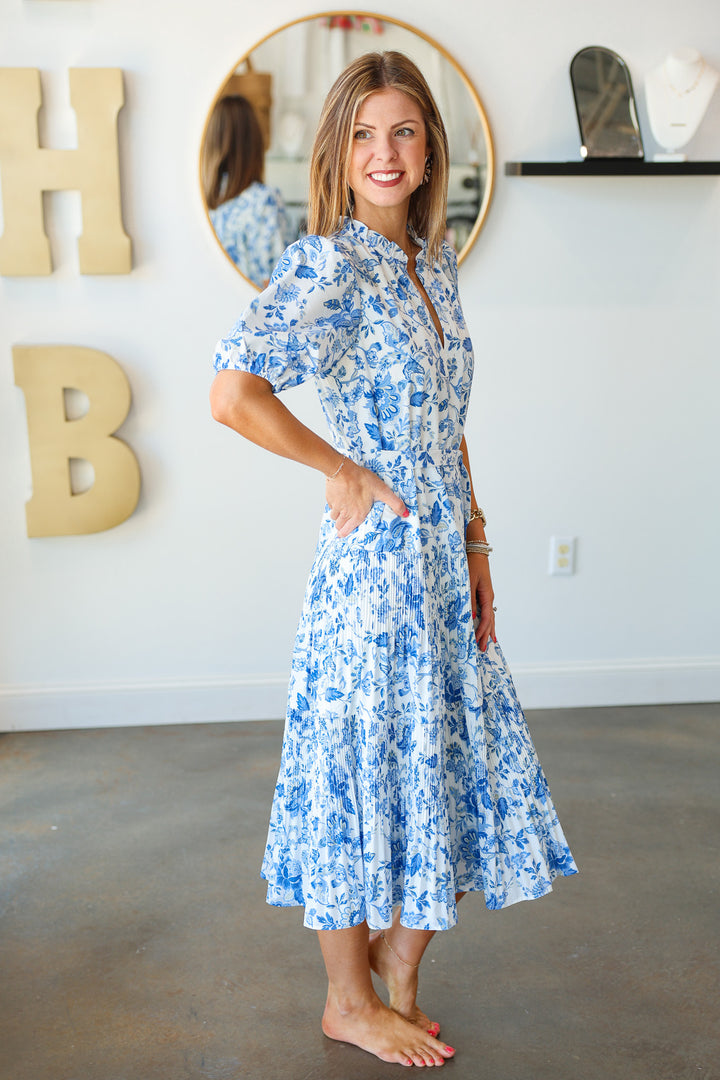 Tie Waist Printed Midi Dress - Blue