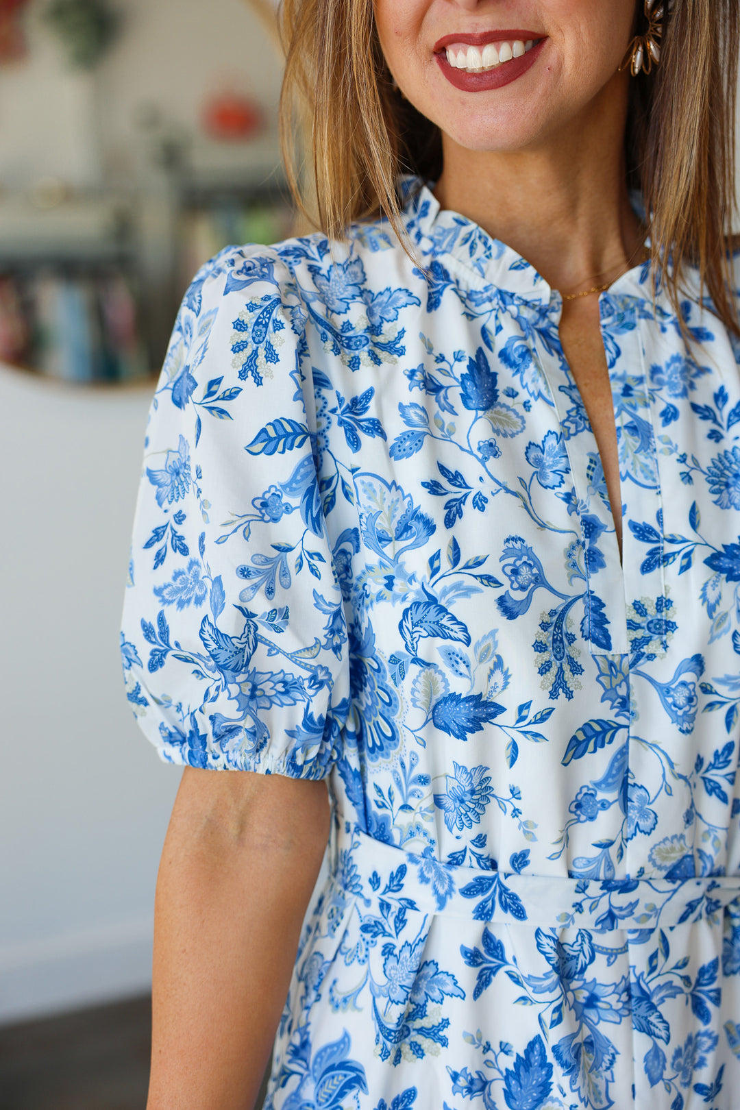 Tie Waist Printed Midi Dress - Blue