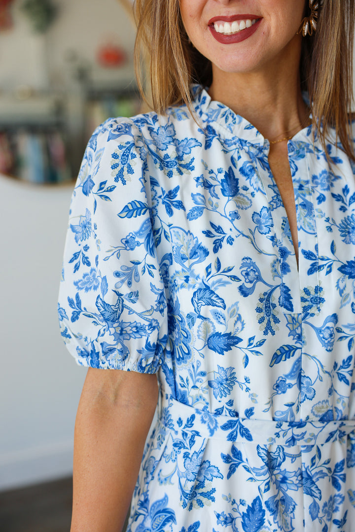Tie Waist Printed Midi Dress - Blue