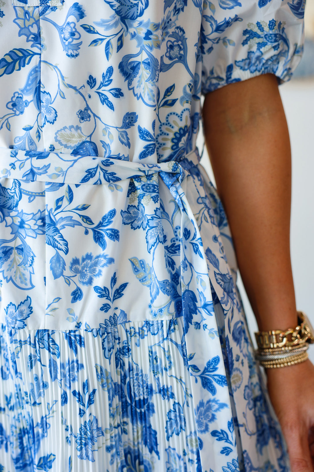 Tie Waist Printed Midi Dress - Blue