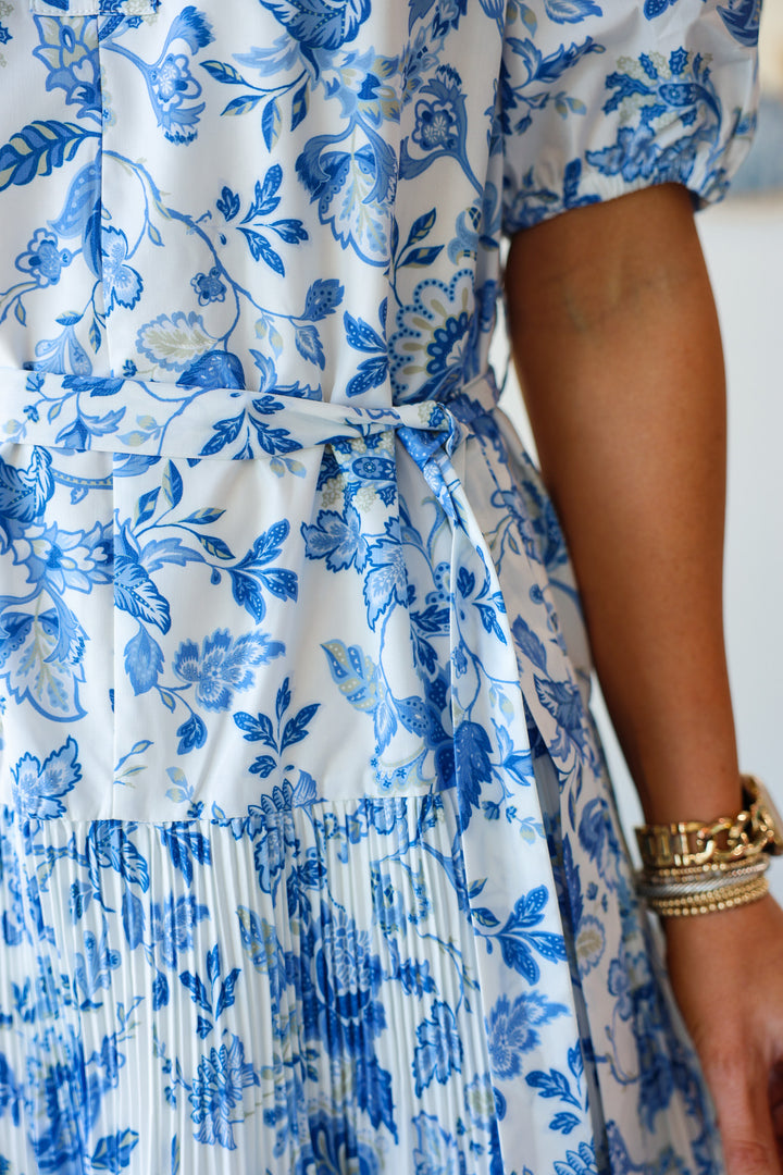Tie Waist Printed Midi Dress - Blue