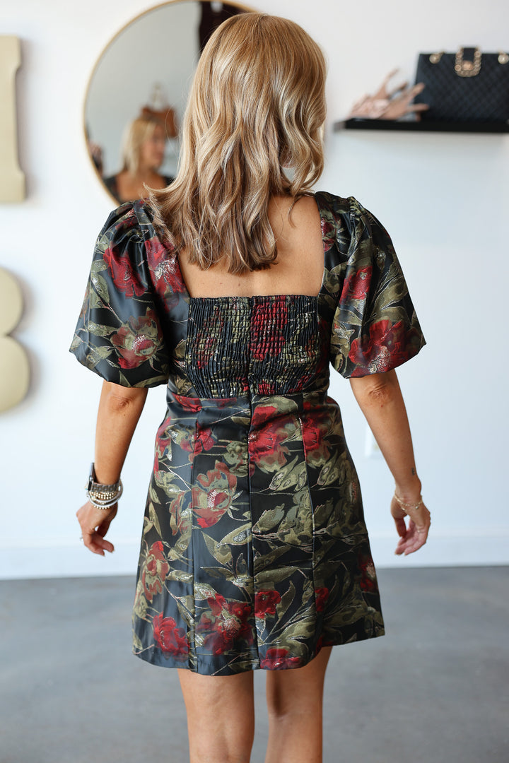 Jacquard Square Neck Dress - Black