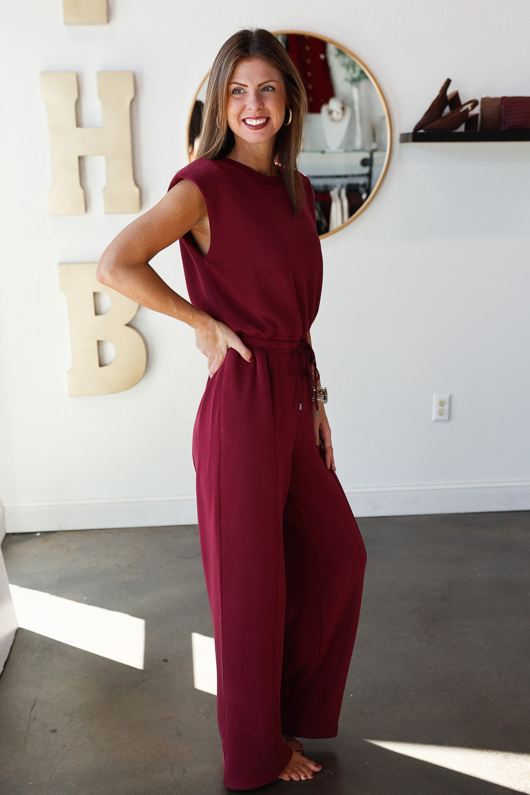 Soft Modal Tie Waist Jumpsuit - Burgundy