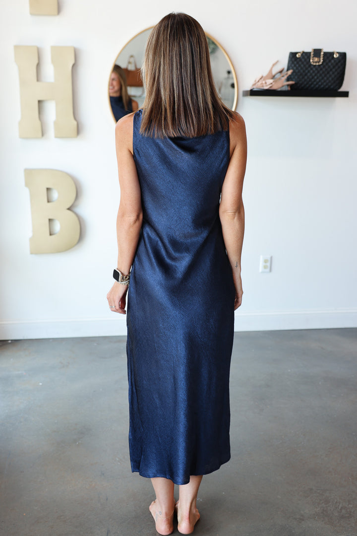 Cowl Neck Satin Midi Dress - Navy