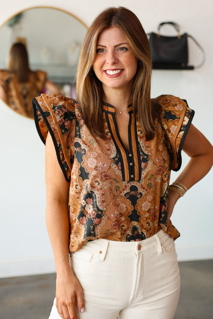 Vintage Print Top - Camel