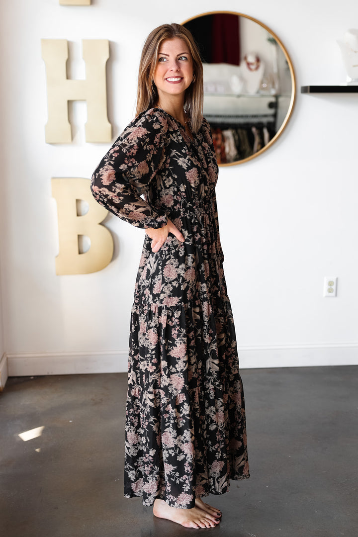 Printed Tiered Maxi Dress - Black