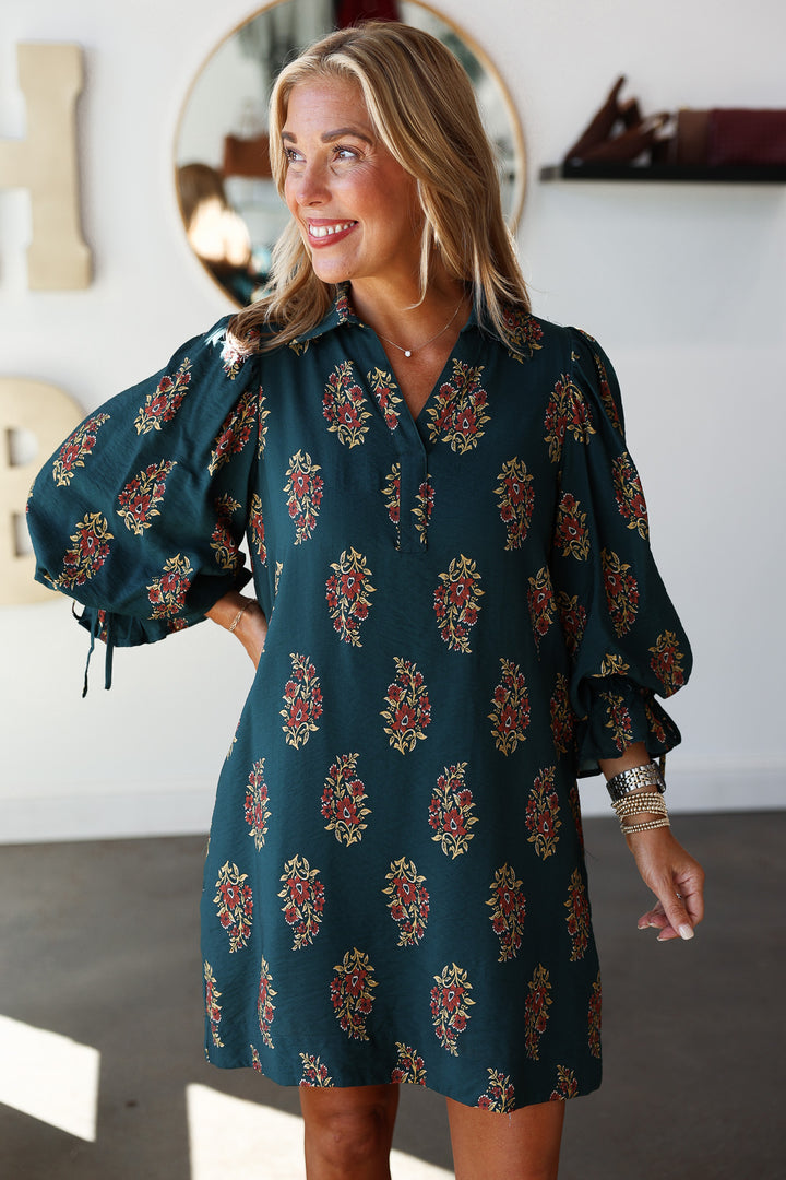 Three Quarter Sleeve Printed Dress - Hunter