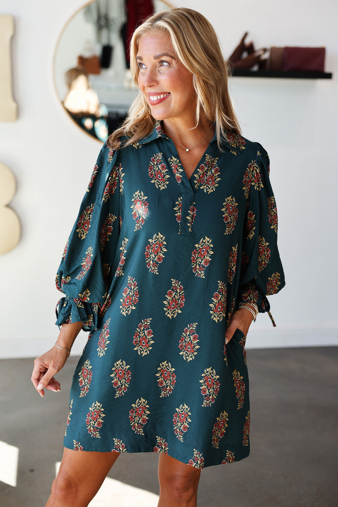 Three Quarter Sleeve Printed Dress - Hunter