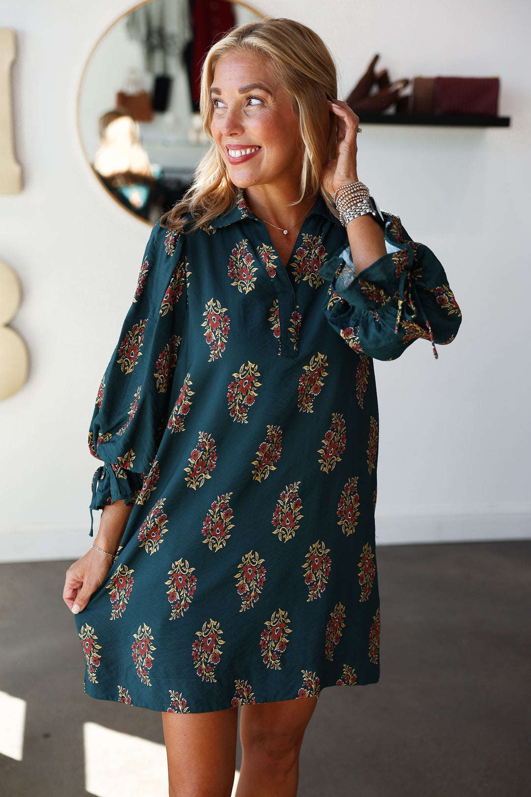 Three Quarter Sleeve Printed Dress - Hunter