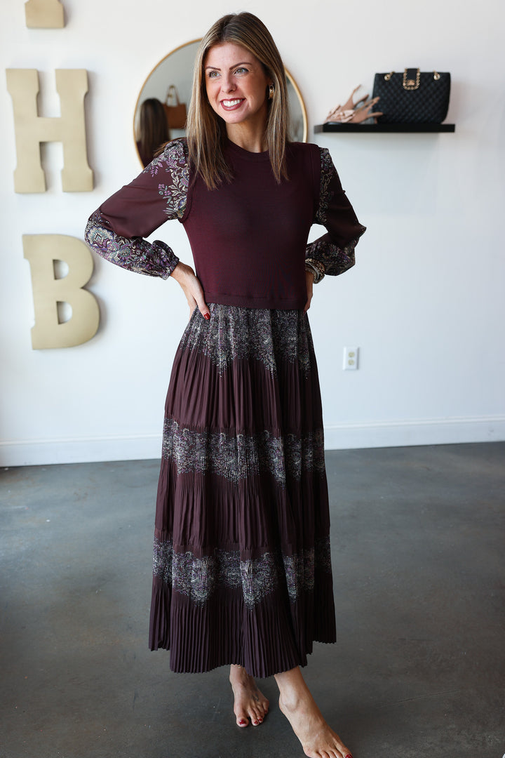 Mixed Media Printed Maxi Dress - Burgundy