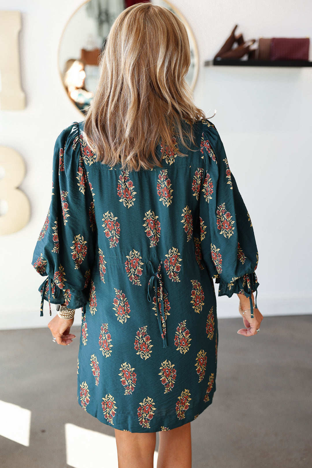 Three Quarter Sleeve Printed Dress - Hunter