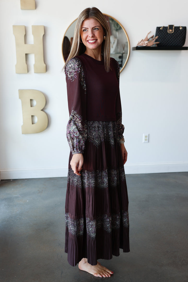 Mixed Media Printed Maxi Dress - Burgundy