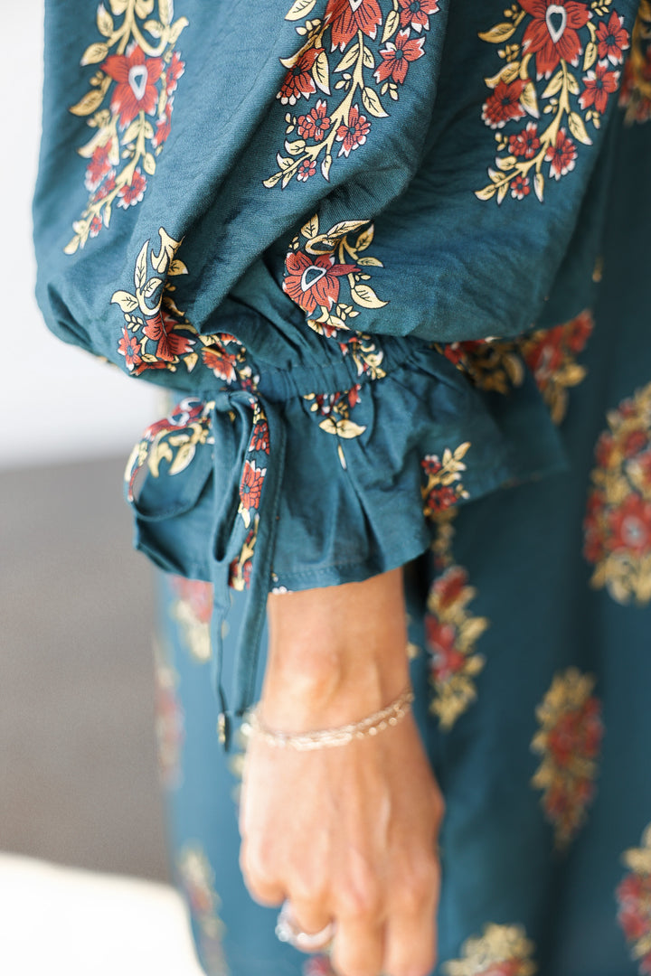 Three Quarter Sleeve Printed Dress - Hunter