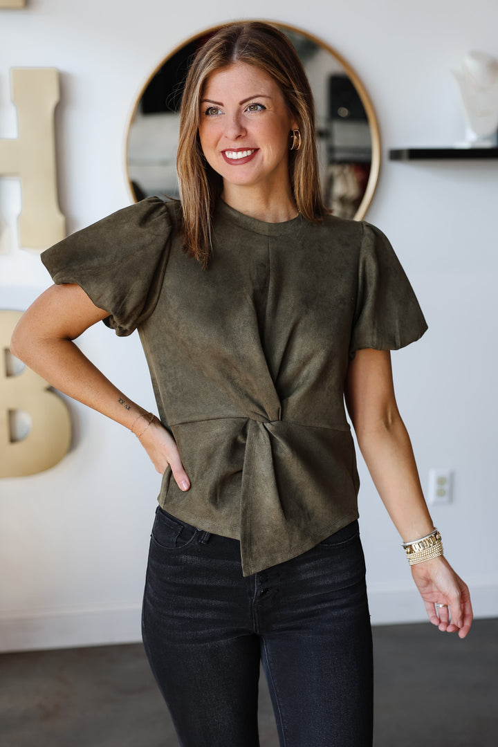 Puff Sleeve Suede Top - Olive