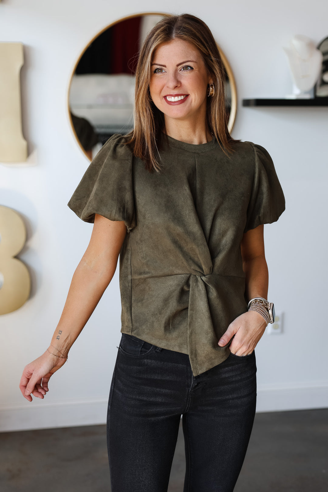 Puff Sleeve Suede Top - Olive