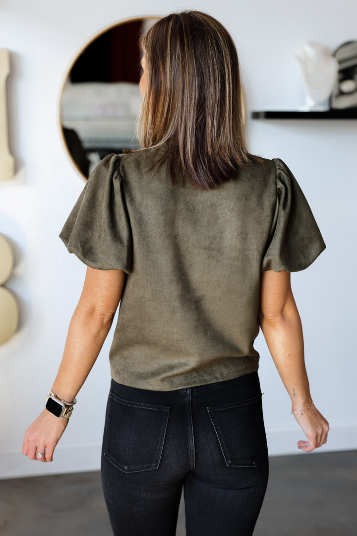 Puff Sleeve Suede Top - Olive