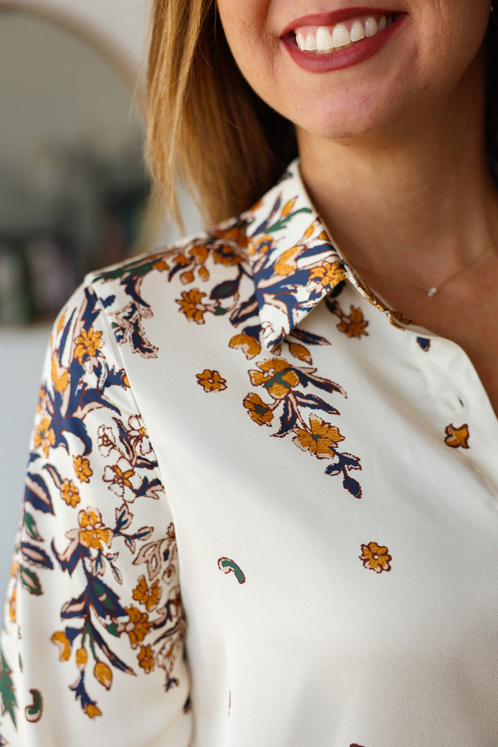 Printed Satin Button Down