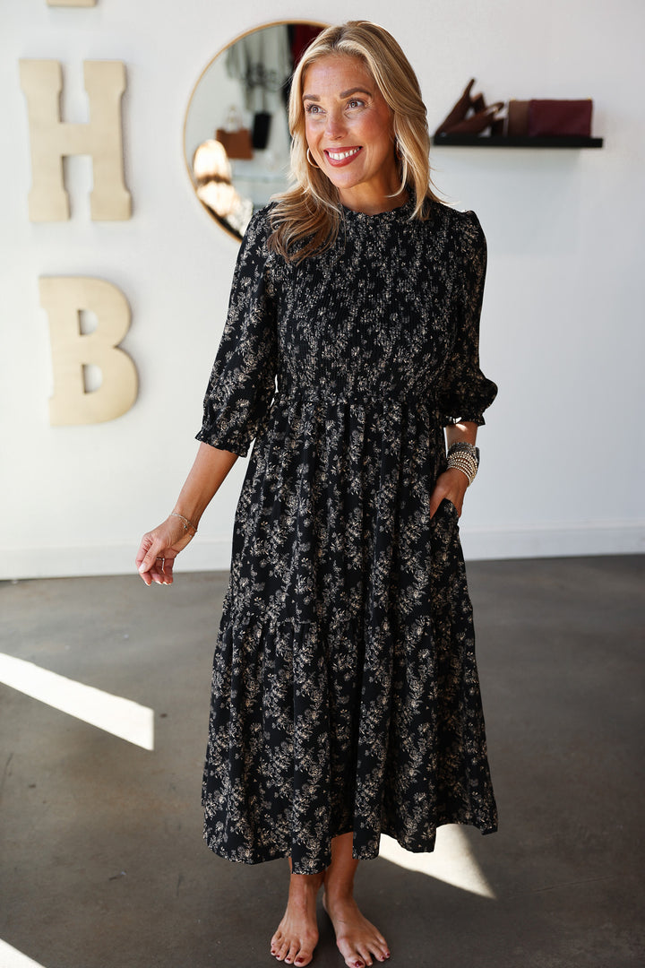 Floral Smocked Midi Dress - Black/Taupe