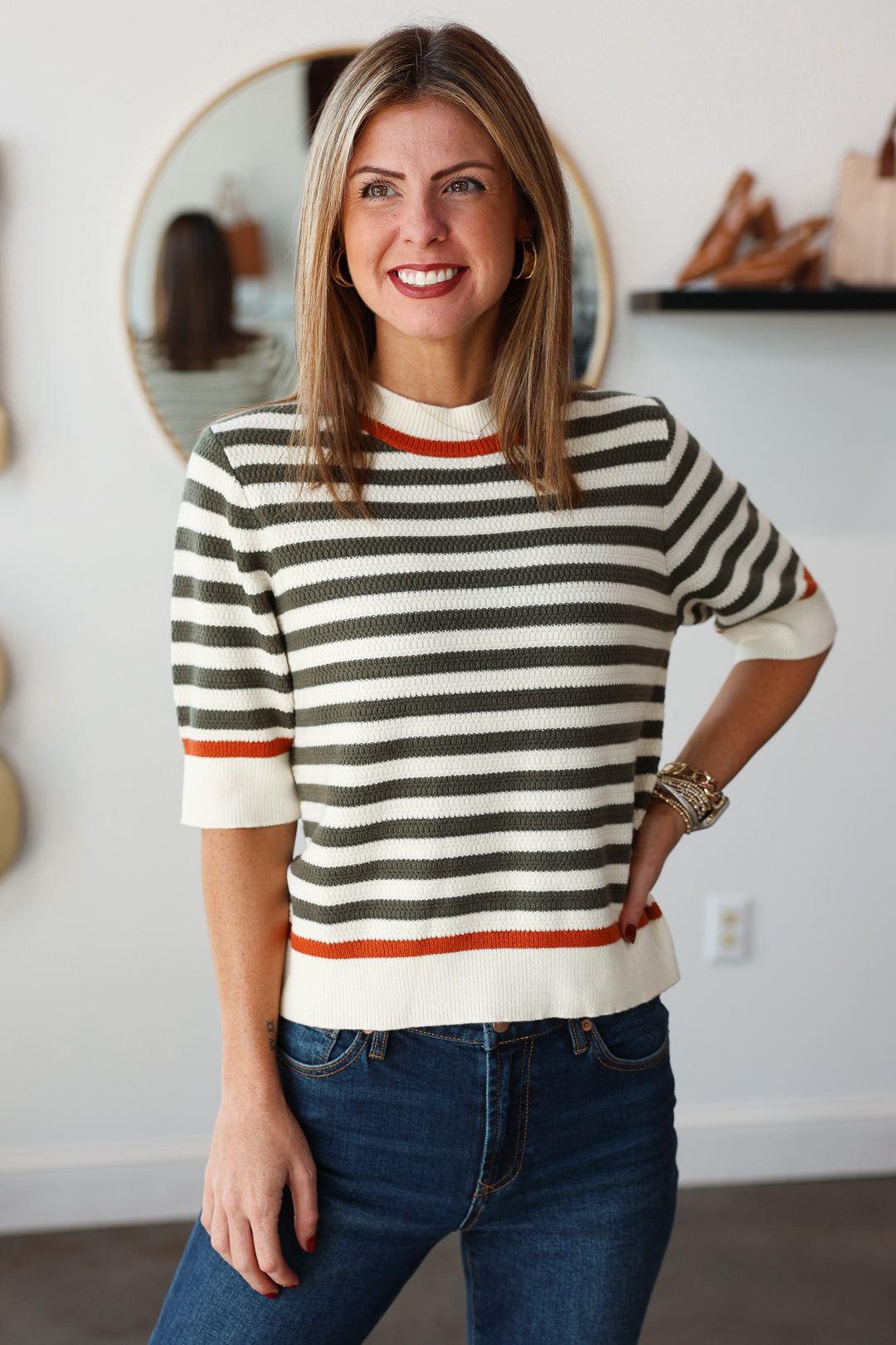 Short Sleeve Striped Knit Top