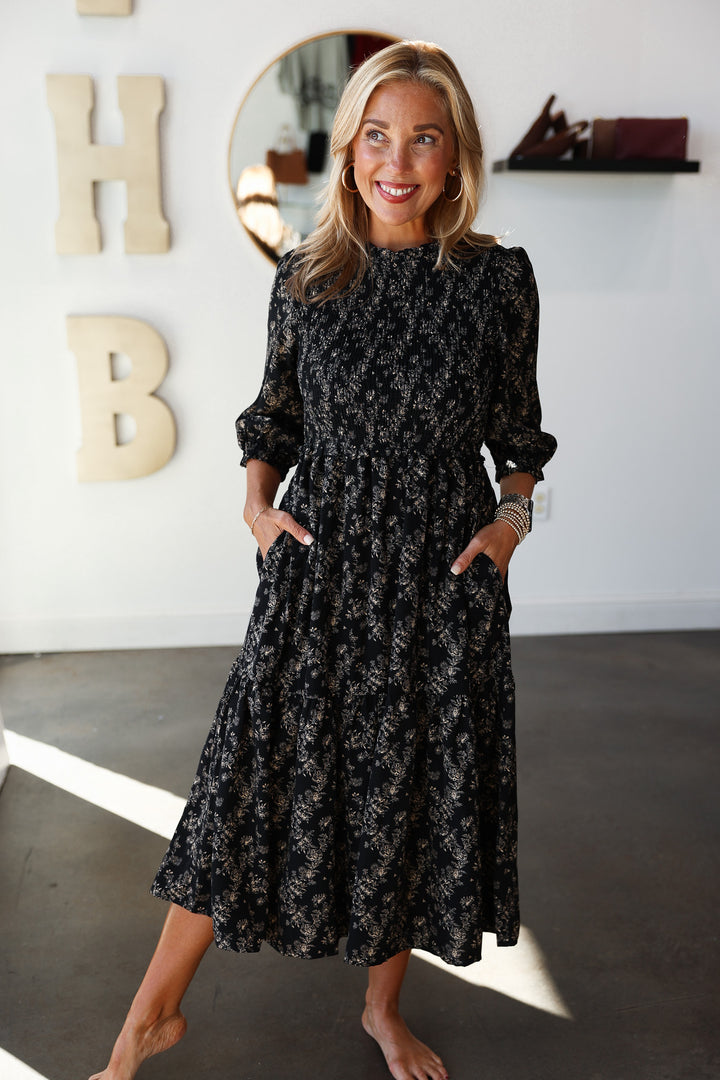 Floral Smocked Midi Dress - Black/Taupe