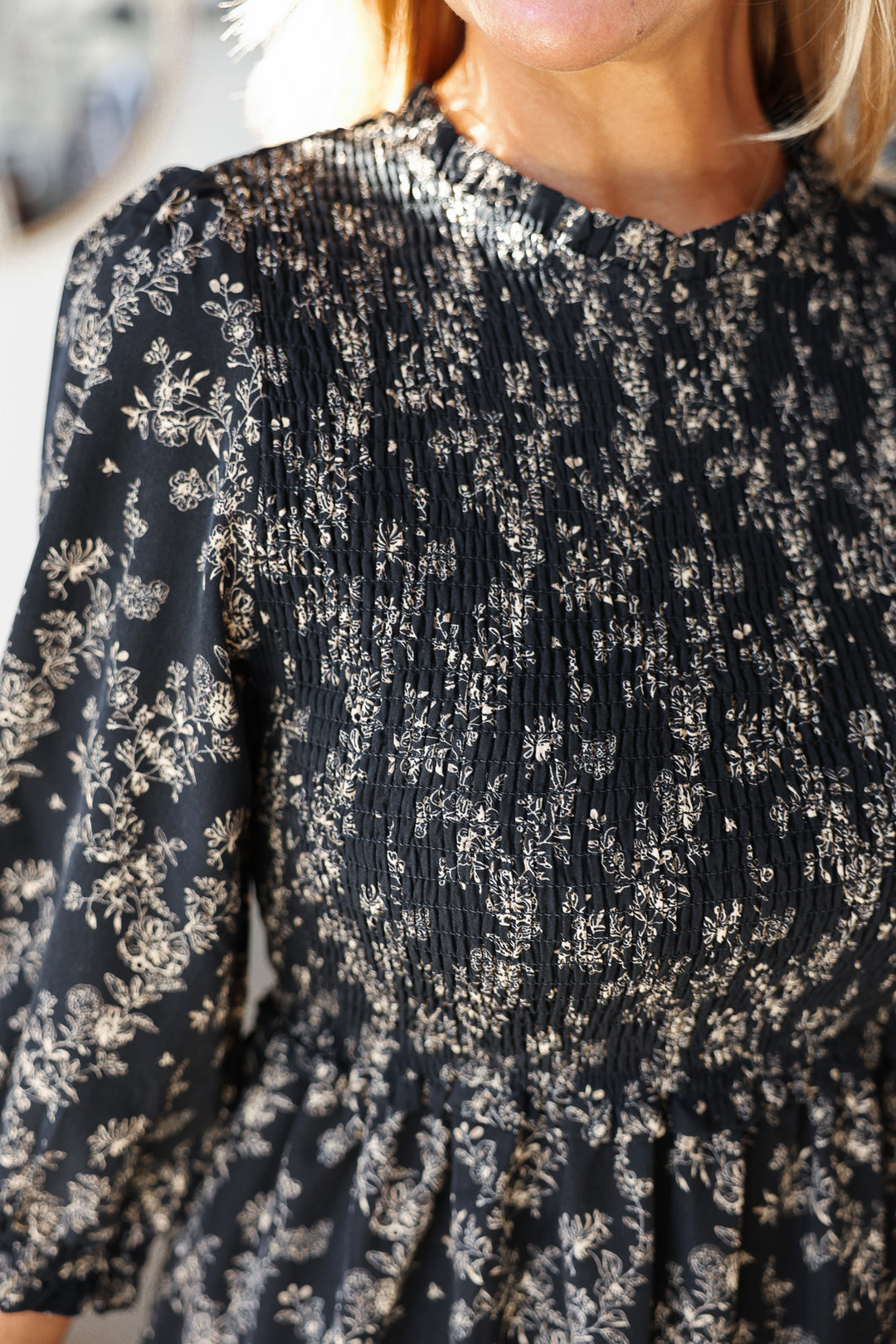 Floral Smocked Midi Dress - Black/Taupe