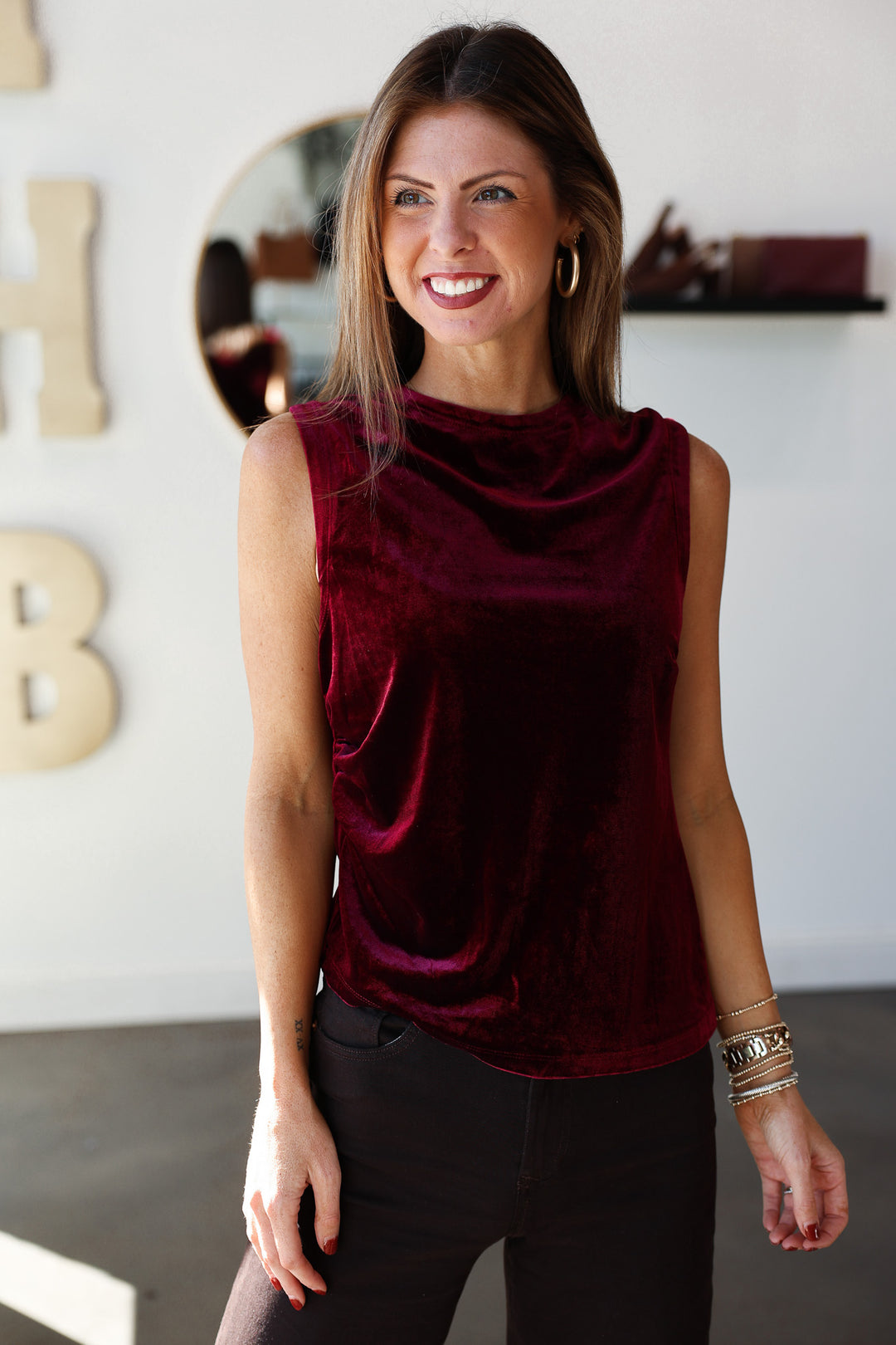 Asymmetrical Velvet Tank - Cherry