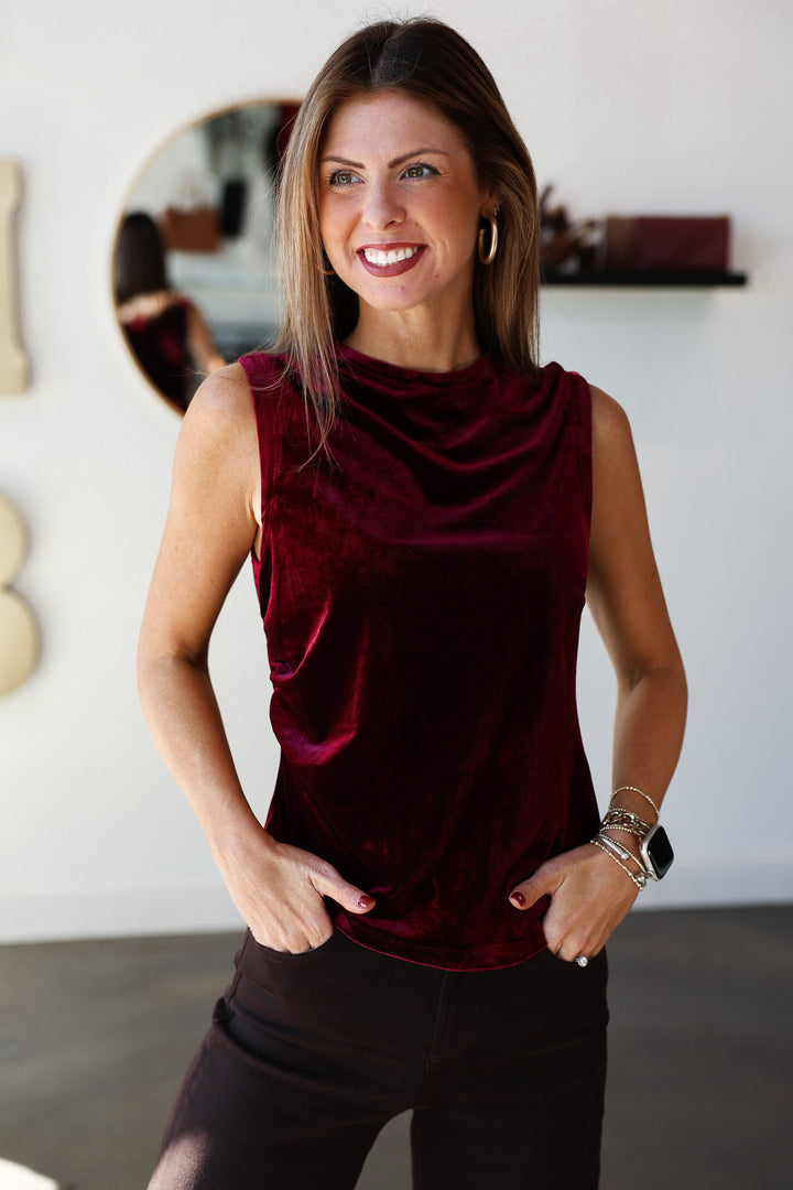 Asymmetrical Velvet Tank - Cherry