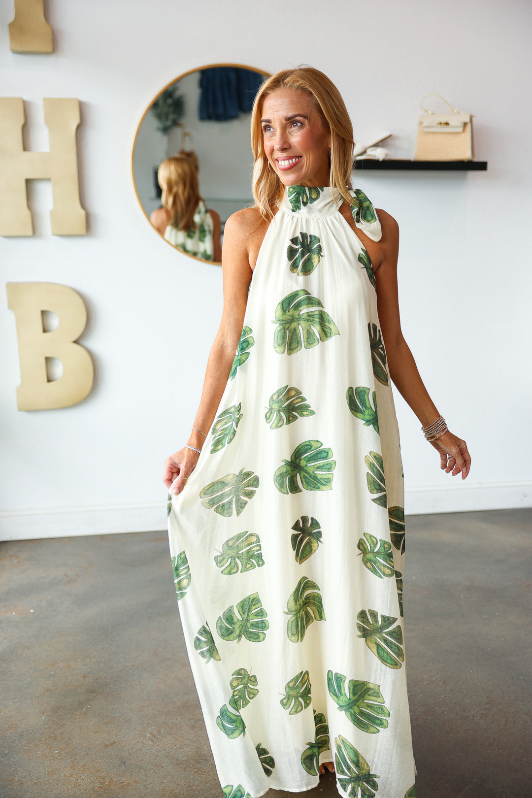 Palm Leaf Halter Maxi Dress