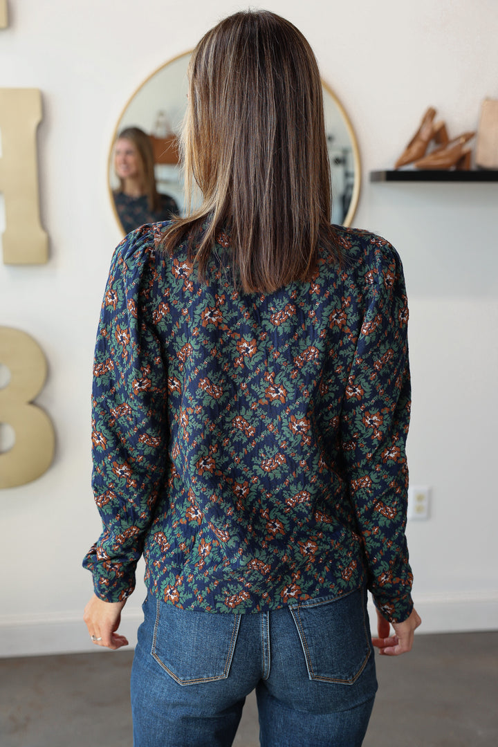 Puff Sleeve Printed Top - Navy