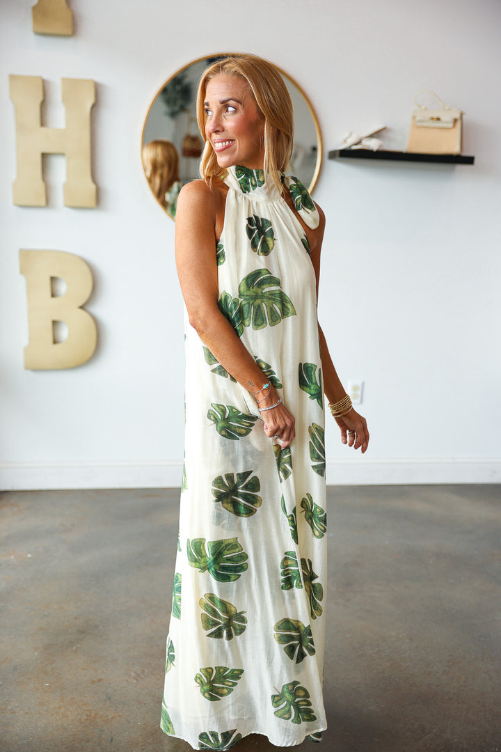Palm Leaf Halter Maxi Dress