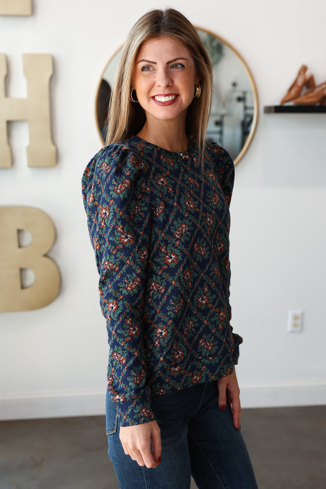 Puff Sleeve Printed Top - Navy