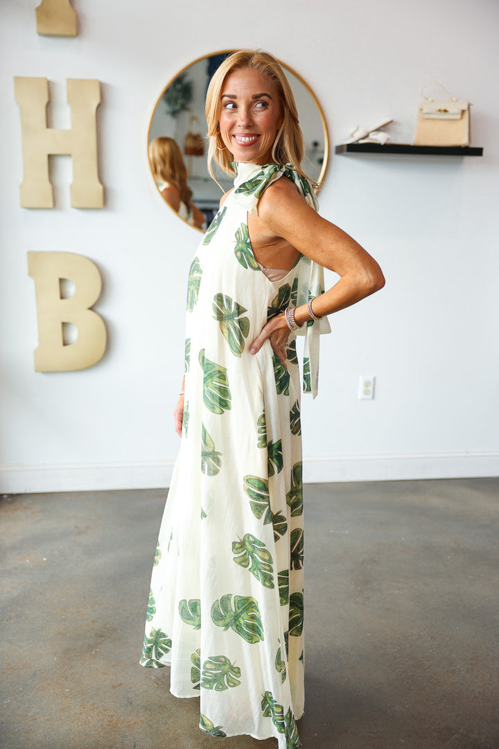 Palm Leaf Halter Maxi Dress
