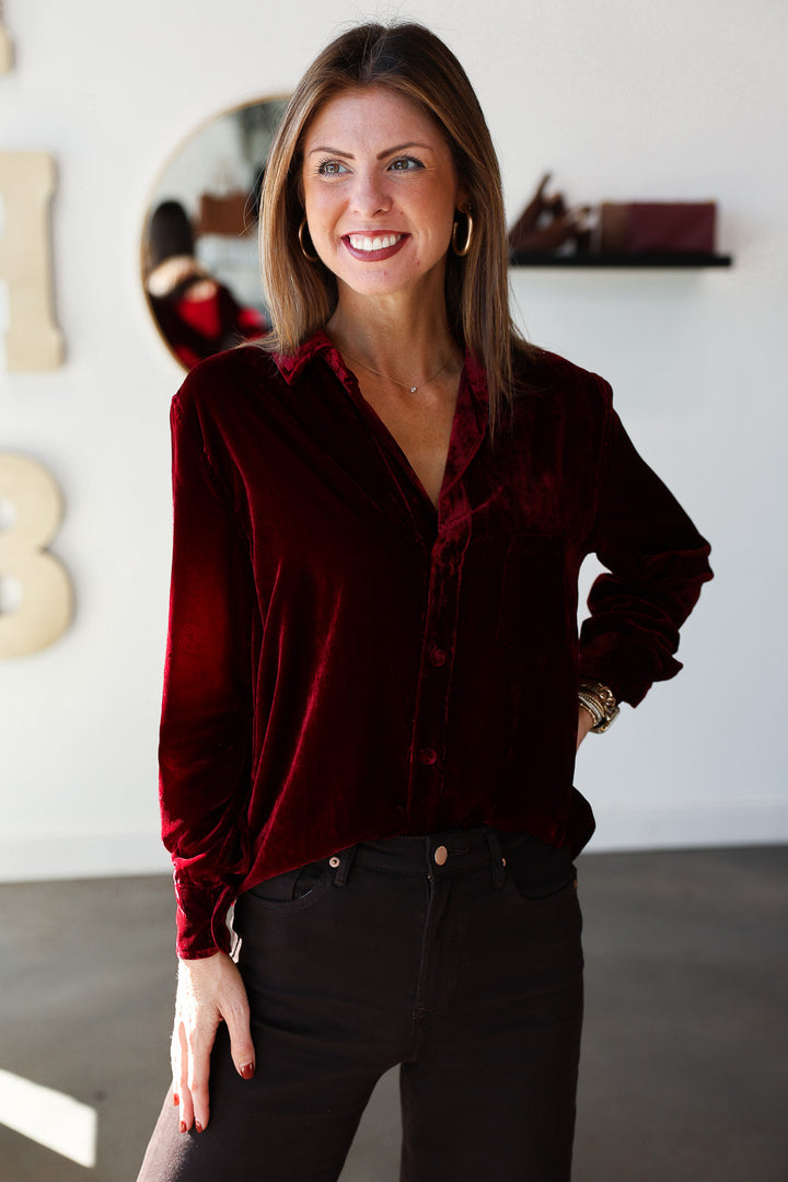 Velvet Button Down Top - Cherry
