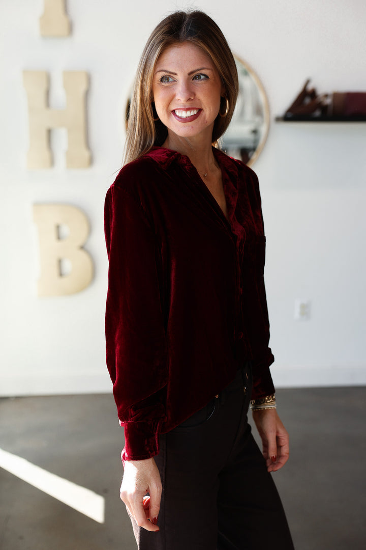 Velvet Button Down Top - Cherry