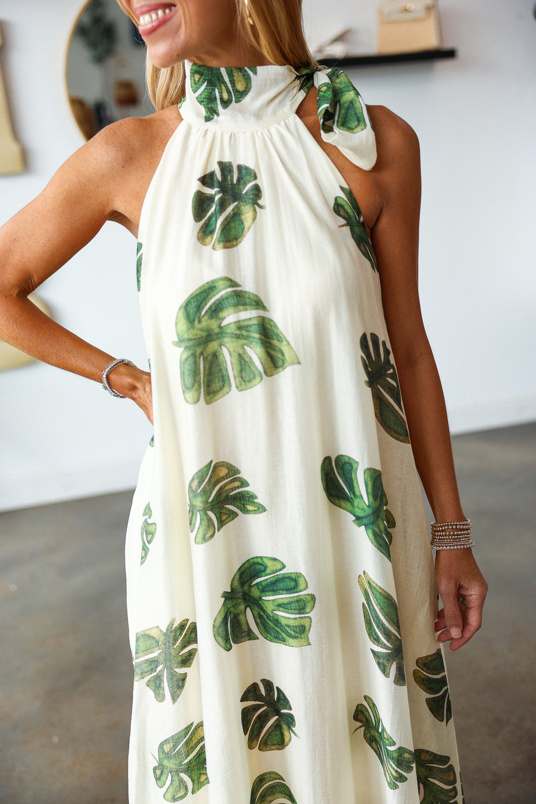 Palm Leaf Halter Maxi Dress