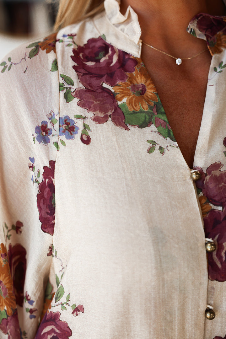 Button Front Floral Top - Ecru