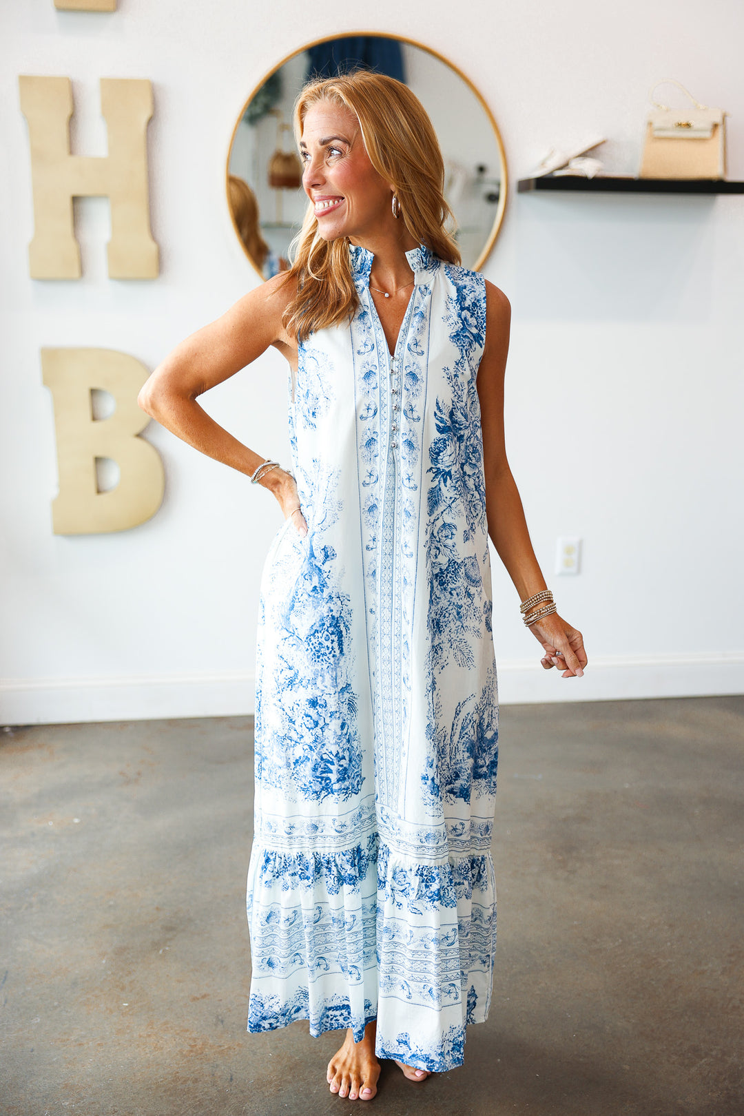 Button Front Printed Maxi Dress - White/Blue
