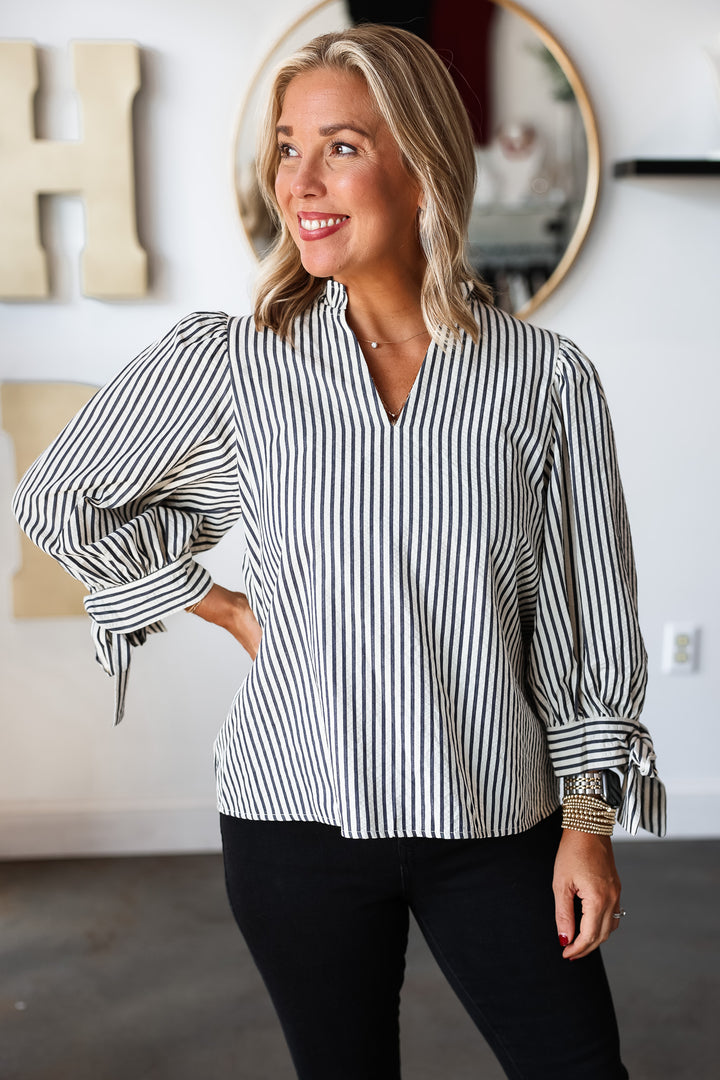 Bow Sleeve Striped Top - Black