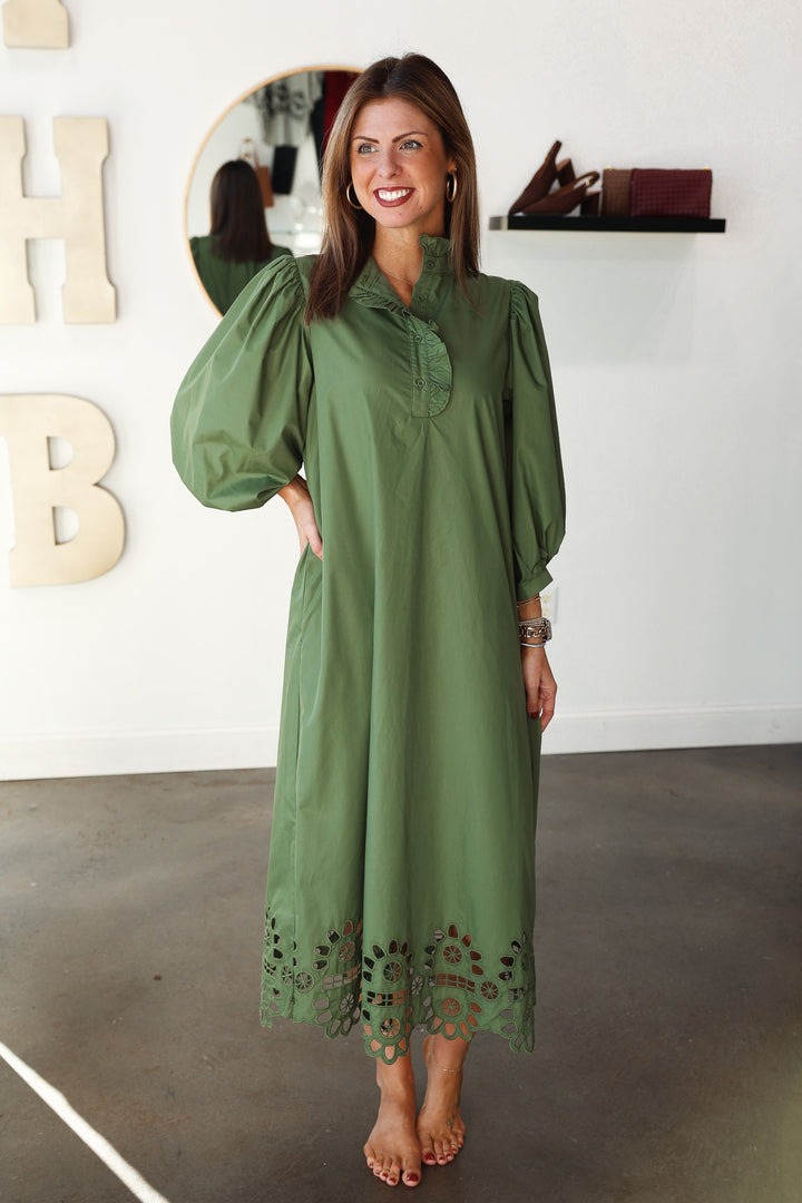 Ruffle Collar Eyelet Trim Dress - Olive