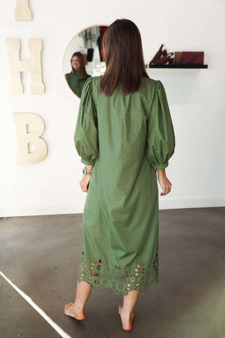 Ruffle Collar Eyelet Trim Dress - Olive