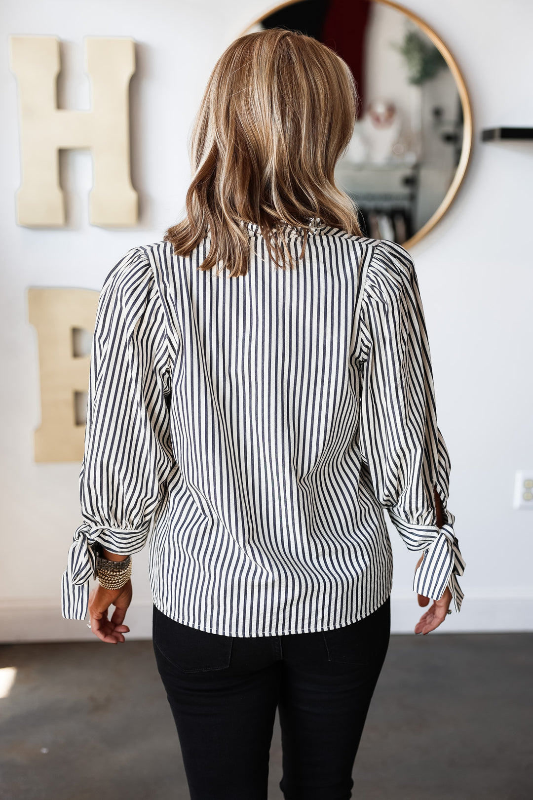 Bow Sleeve Striped Top - Black