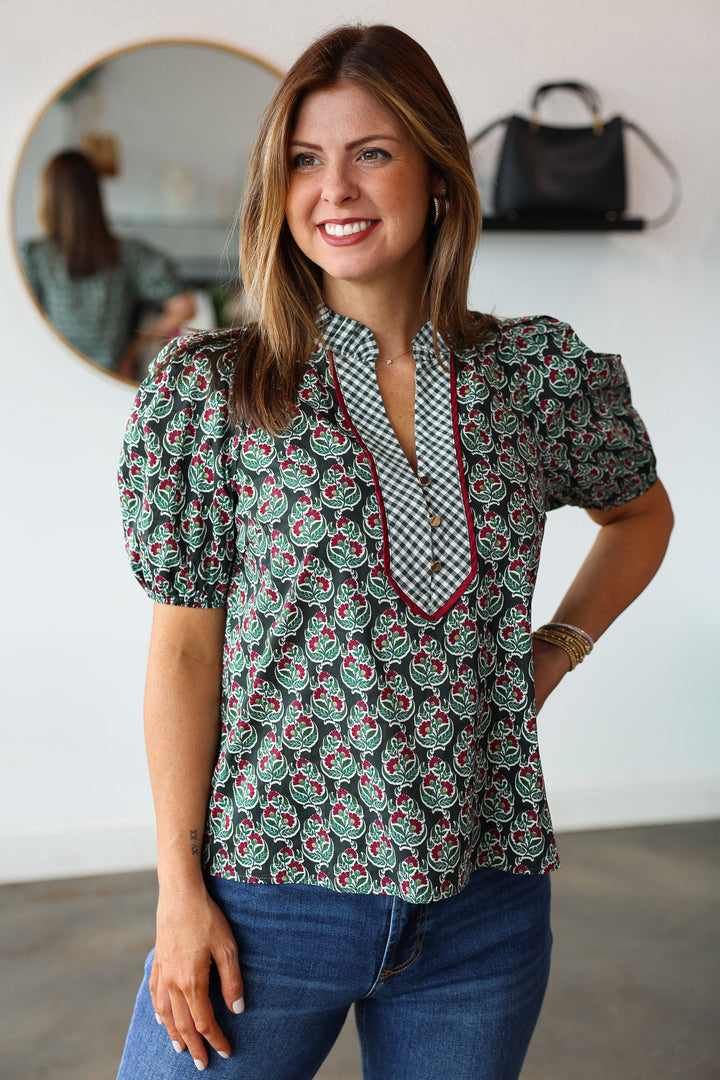 Gingham Contrast Printed Top - Dark Green