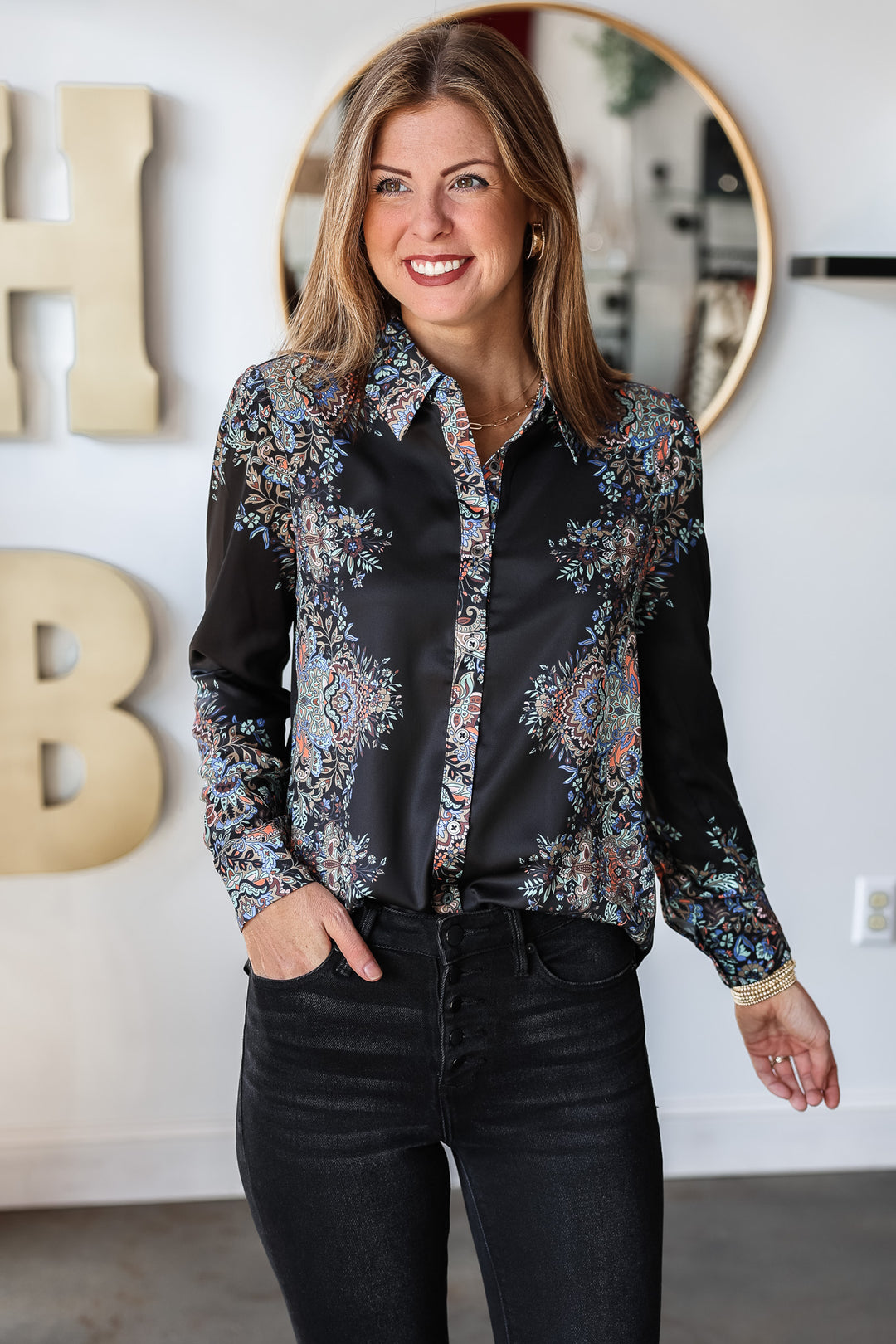 Printed Button Down Top - Black