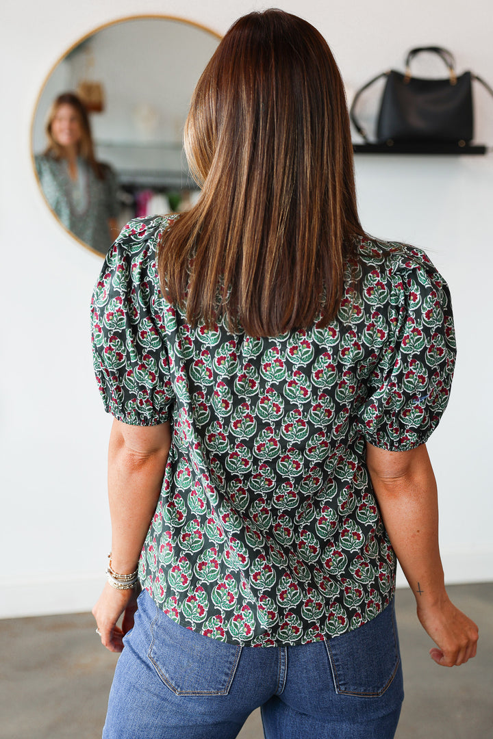 Gingham Contrast Printed Top - Dark Green