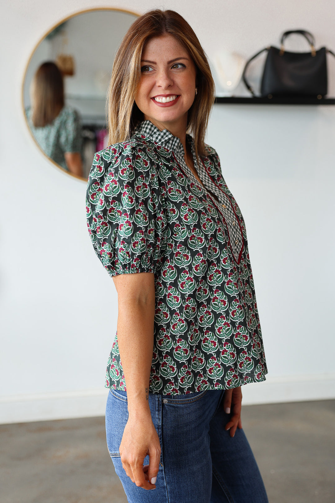 Gingham Contrast Printed Top - Dark Green