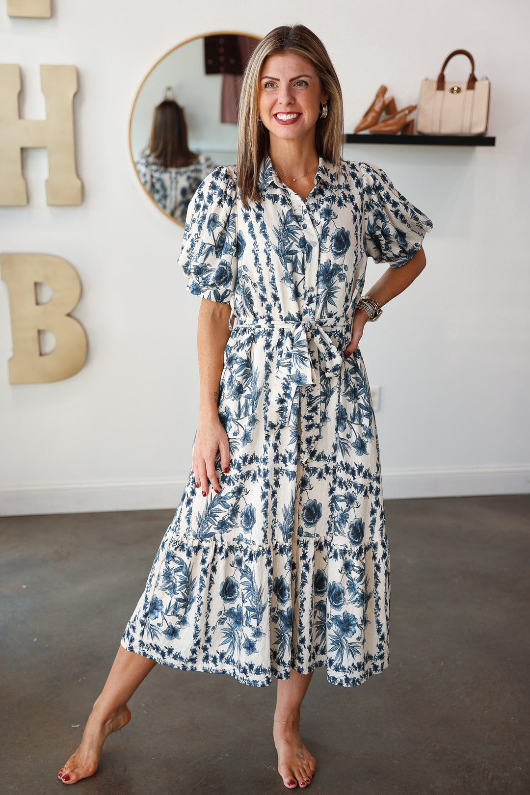 Button Front Floral Maxi Dress - Navy